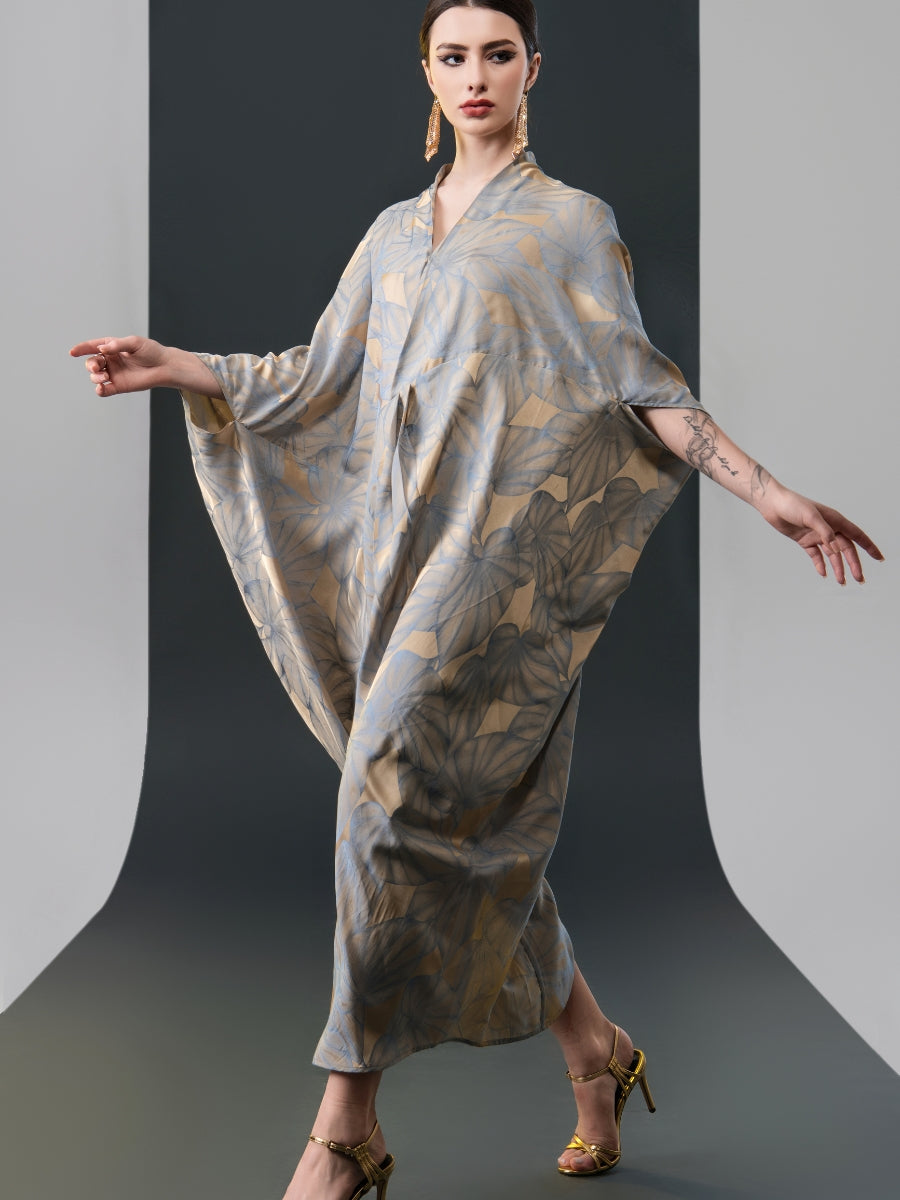 Silver and Beige Leaf Print Kaftan Dress - Image 8