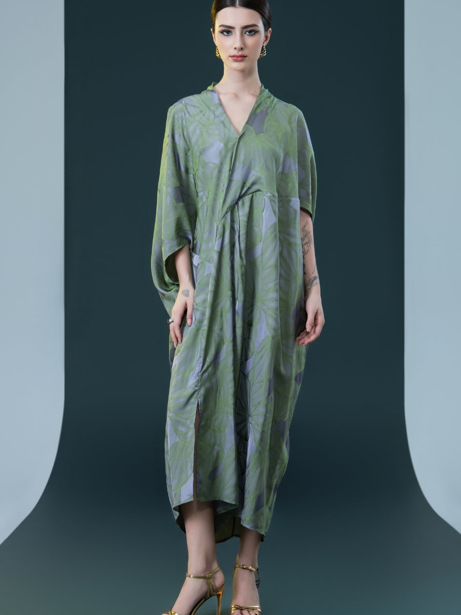 Silver and Beige Leaf Print Kaftan Dress - Image 9