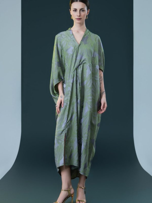 Silver and Beige Leaf Print Kaftan Dress - Image 2