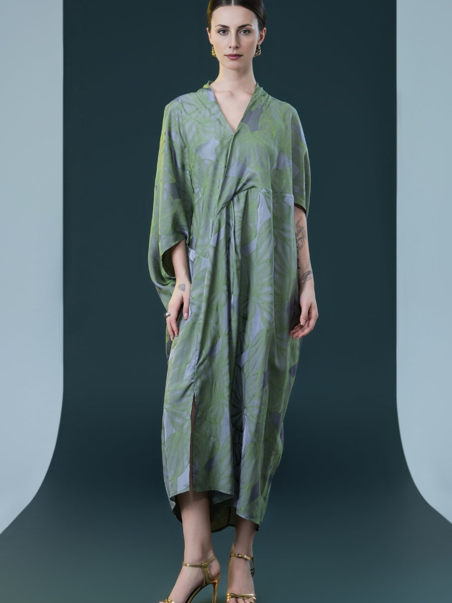 Silver and Beige Leaf Print Kaftan Dress - Image 2