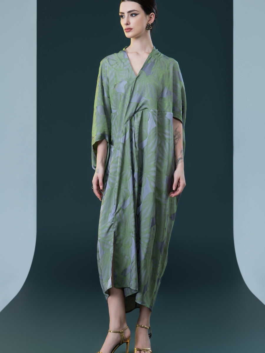 Silver and Beige Leaf Print Kaftan Dress - Image 10