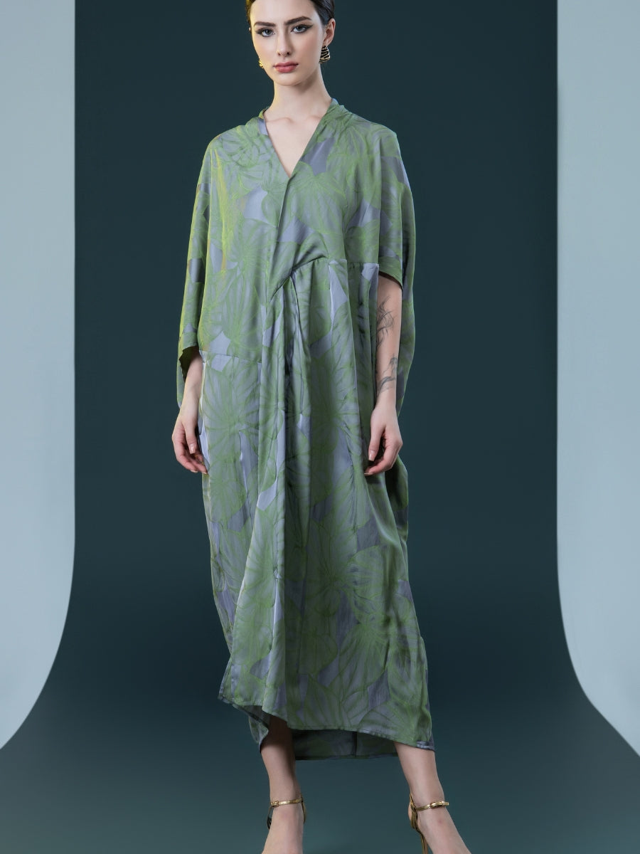 Silver and Beige Leaf Print Kaftan Dress - Image 11