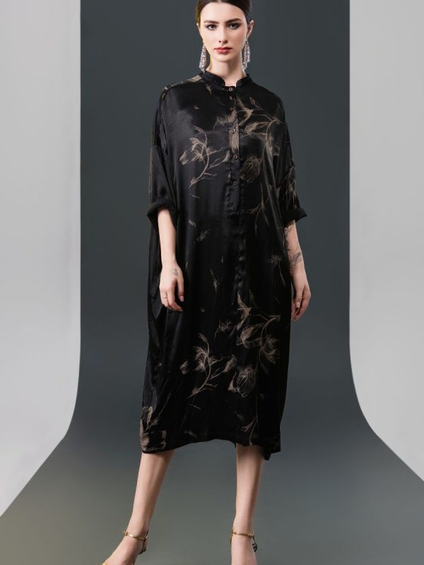 Black Satin Floral Print Kaftan Dress - Image 2