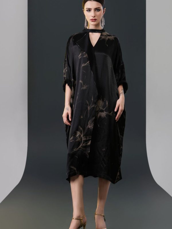 Black Satin Floral Print Kaftan Dress - Image 3