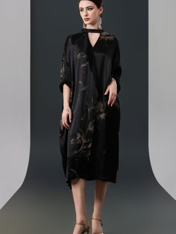 Black Satin Floral Print Kaftan Dress - Image 5