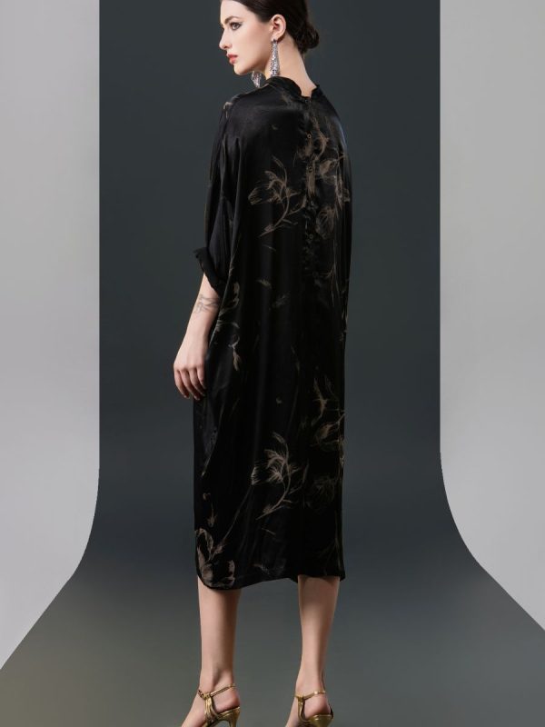 Black Satin Floral Print Kaftan Dress - Image 7