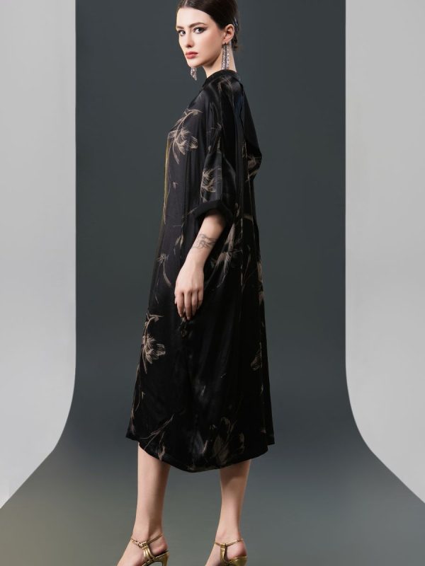 Black Satin Floral Print Kaftan Dress - Image 8