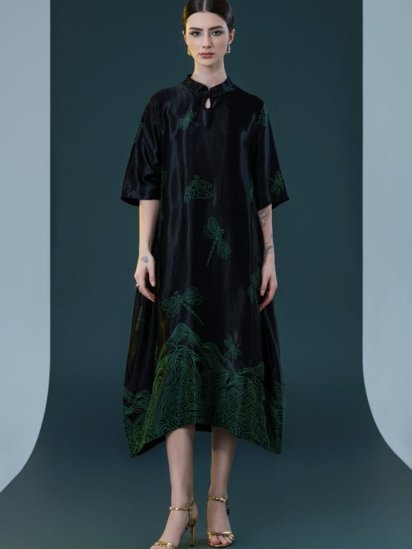 Black Satin Dress with Green Dragonfly Embroidery - Image 3