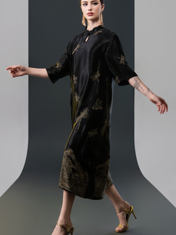 Black Satin Dress with Green Dragonfly Embroidery - Image 12