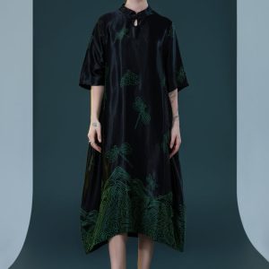 Black Satin Dress with Green Dragonfly Embroidery