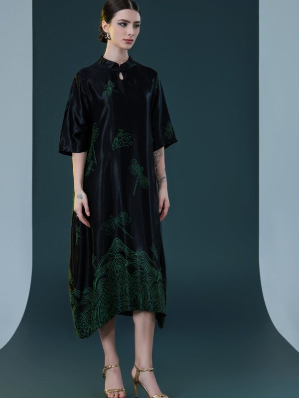 Black Satin Dress with Green Dragonfly Embroidery - Image 5