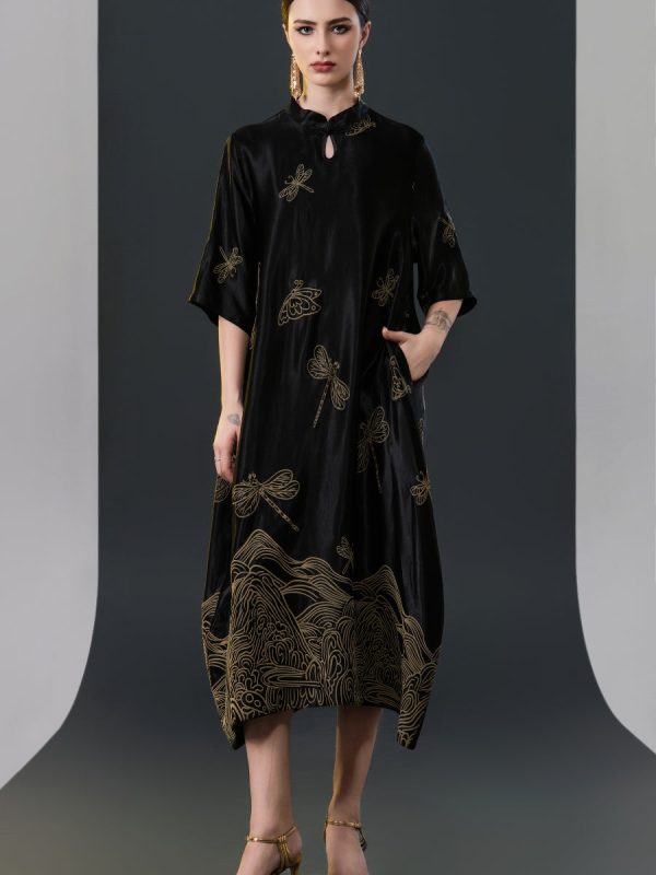 Black Satin Dress with Green Dragonfly Embroidery - Image 8