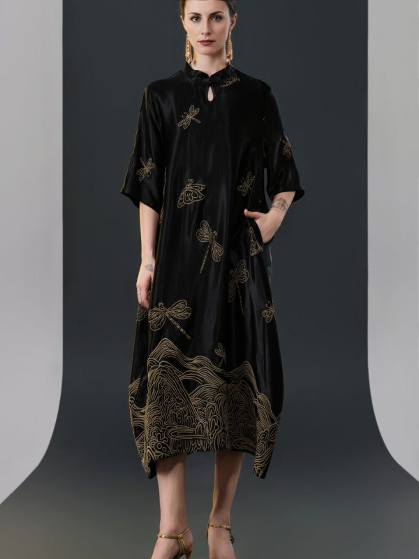 Black Satin Dress with Green Dragonfly Embroidery - Image 2