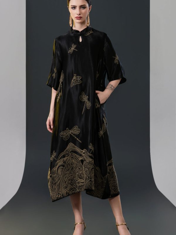 Black Satin Dress with Green Dragonfly Embroidery - Image 9