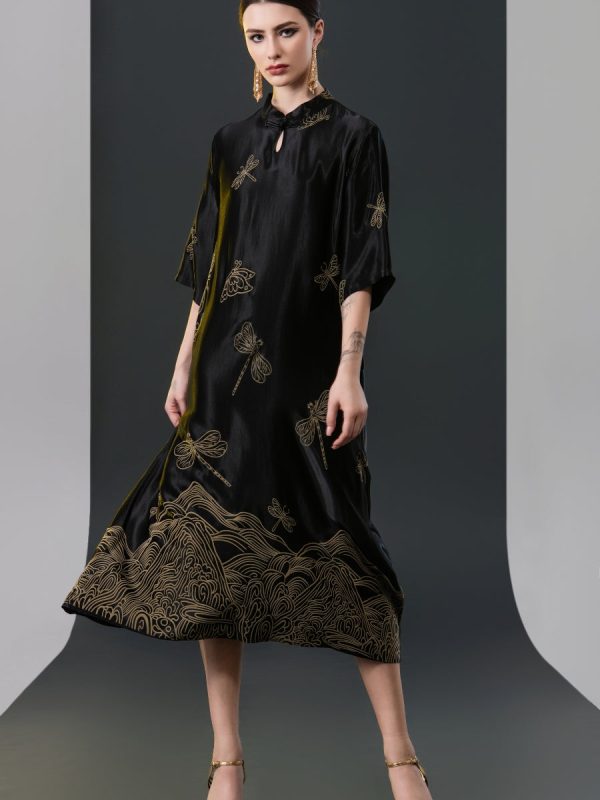 Black Satin Dress with Green Dragonfly Embroidery - Image 10