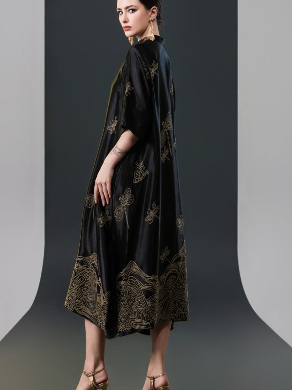 Black Satin Dress with Green Dragonfly Embroidery - Image 11