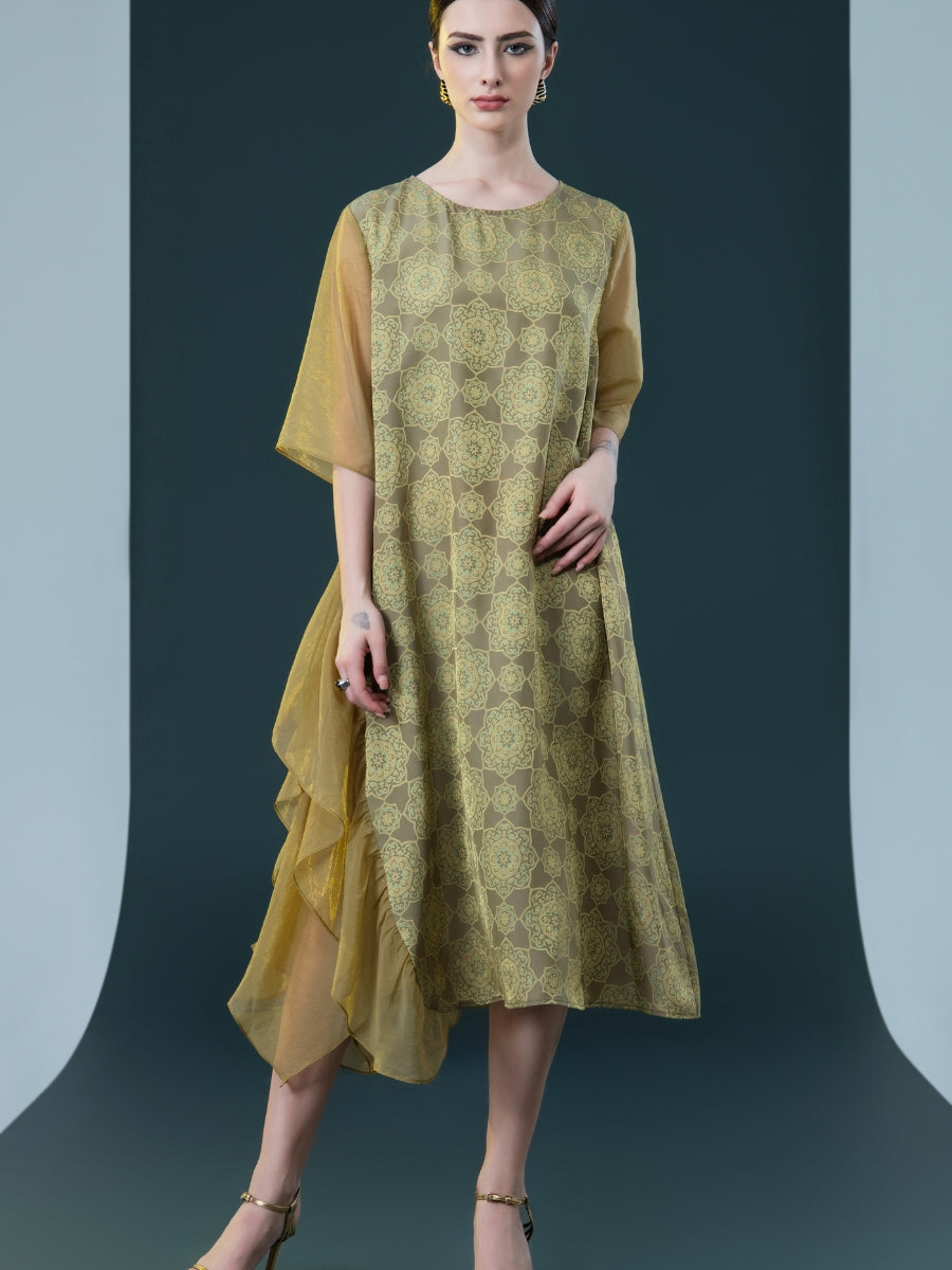 Elegant Geometric Print Midi Dress with Asymmetrical Layers - Image 2