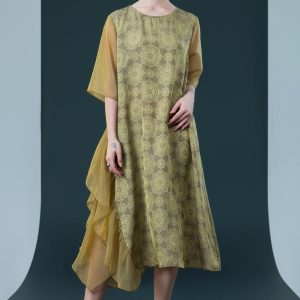 Elegant Geometric Print Midi Dress with Asymmetrical Layers