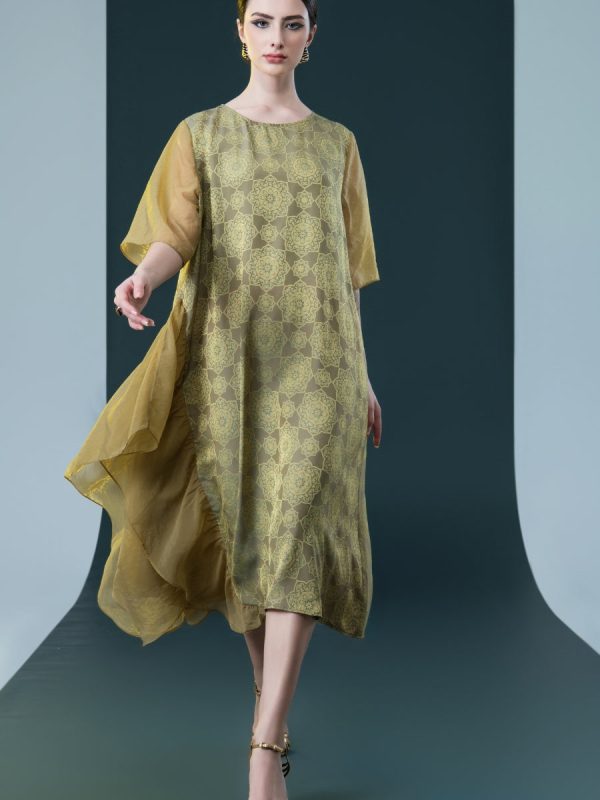Elegant Geometric Print Midi Dress with Asymmetrical Layers - Image 4
