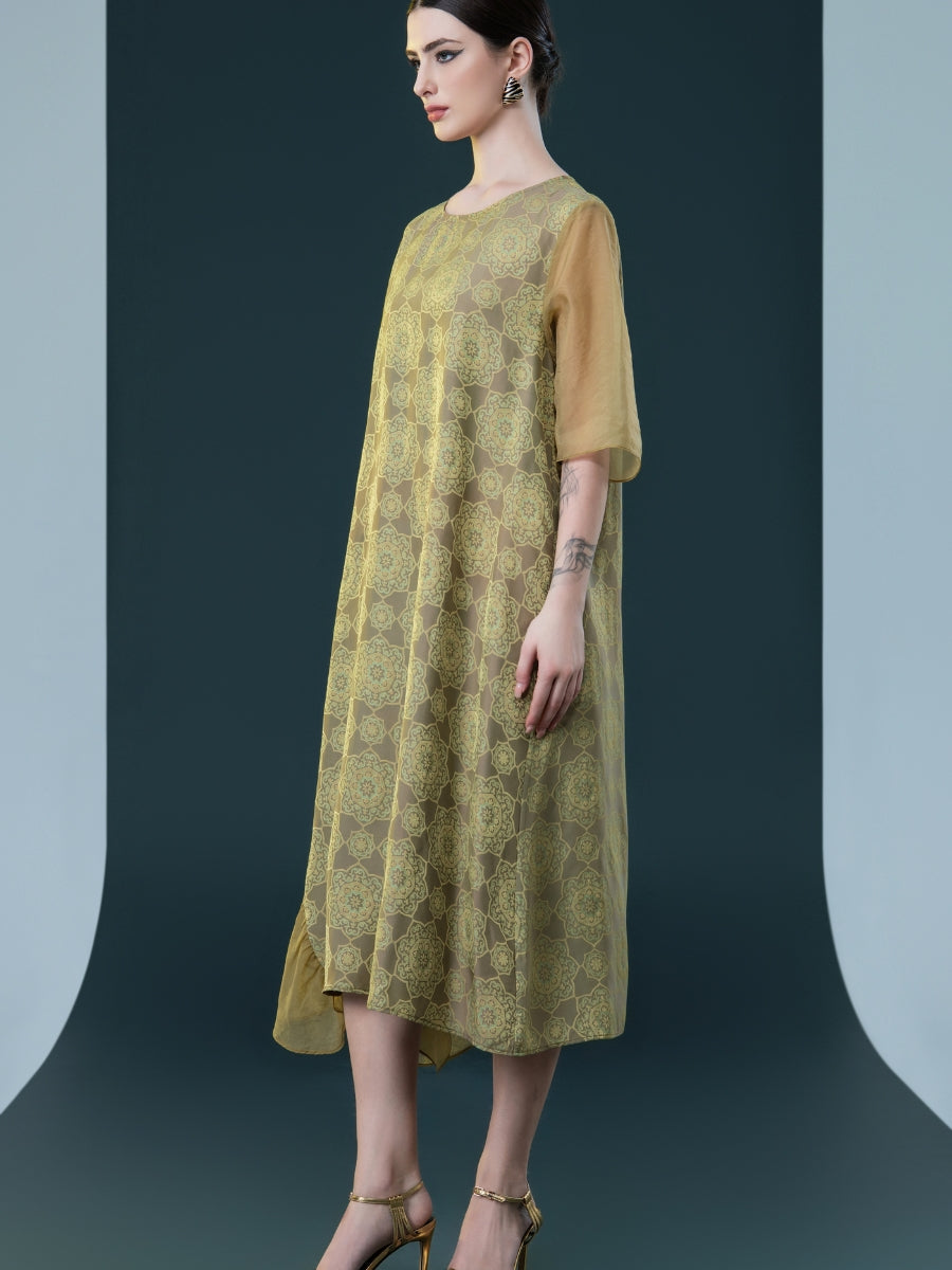 Elegant Geometric Print Midi Dress with Asymmetrical Layers - Image 7