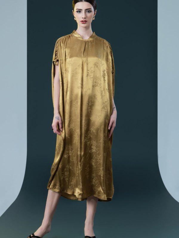 Golden Silk Embroidered Midi Kaftan Dress - Image 3