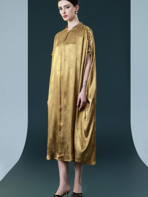 Golden Silk Embroidered Midi Kaftan Dress - Image 4