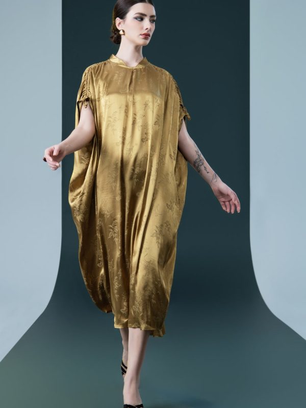Golden Silk Embroidered Midi Kaftan Dress - Image 6
