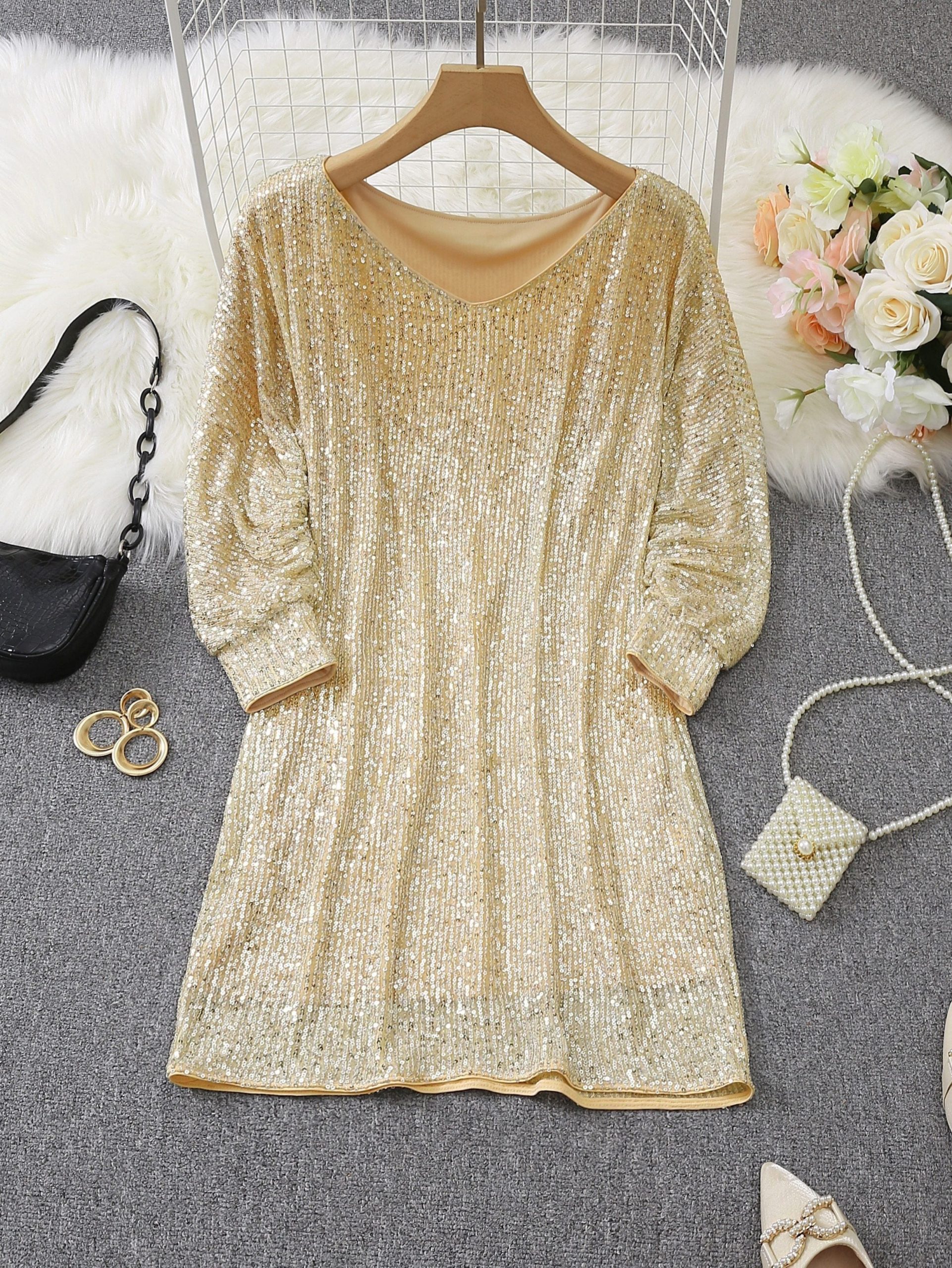 Sparkling V Neck Sequin Long Sleeve Party Mini Dress - Image 7