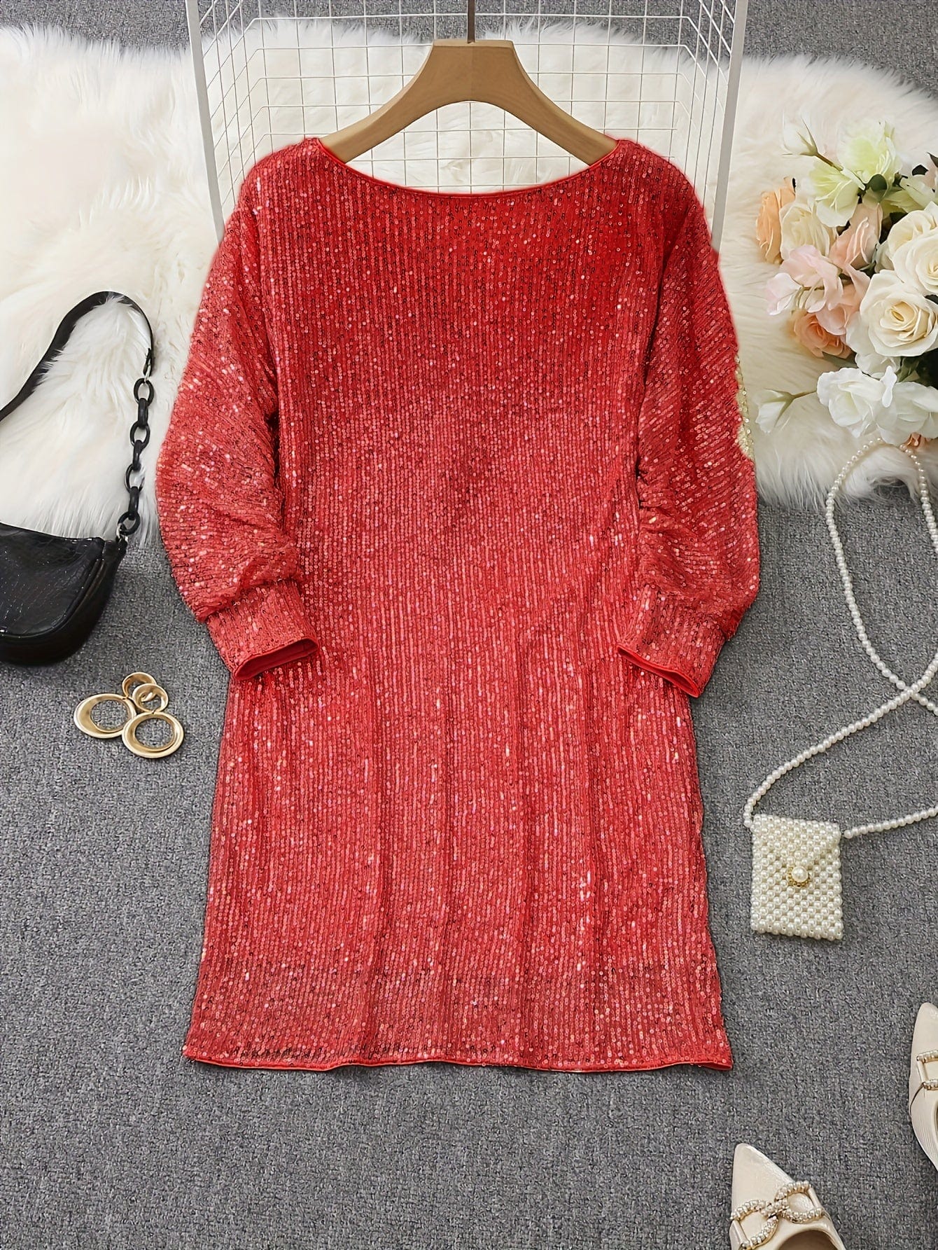 Sparkling V Neck Sequin Long Sleeve Party Mini Dress - Image 12