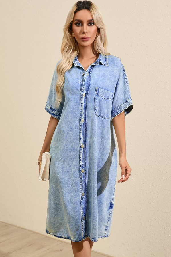 Denim Shirt Dress with Button Pockets - Image 12