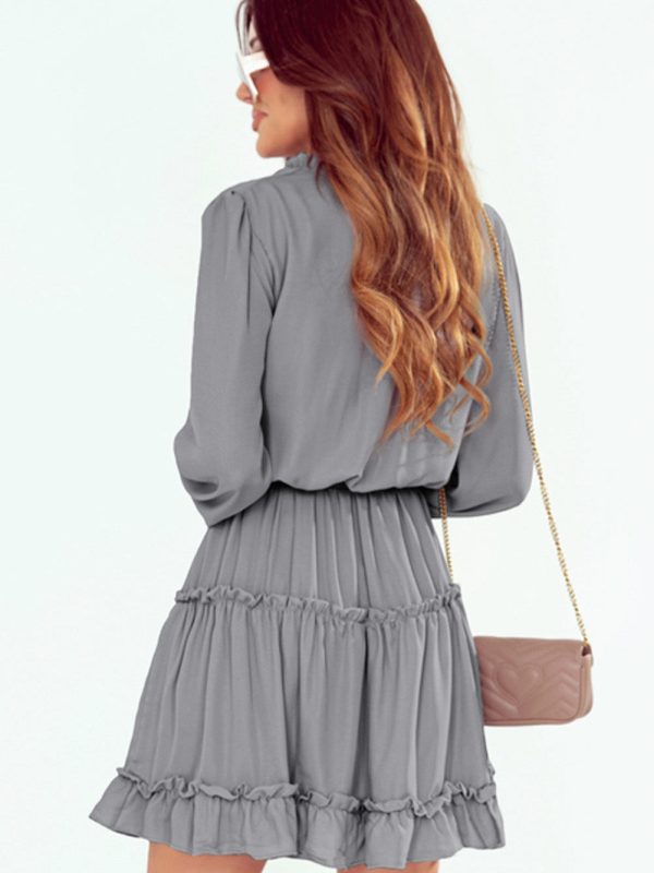 Stylish Pleated V-Neck Dress with Belt and Short Sleeves - Image 7