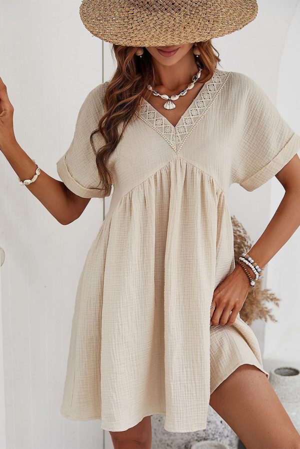 Casual Holiday Lace Stitching Waist V Neck Mini Dress - Image 5