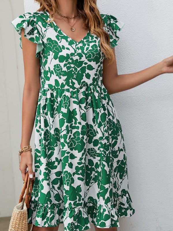 Bohemian Leaf Print Fashion Loose V-Neck Pleated Mini Dress - Image 9