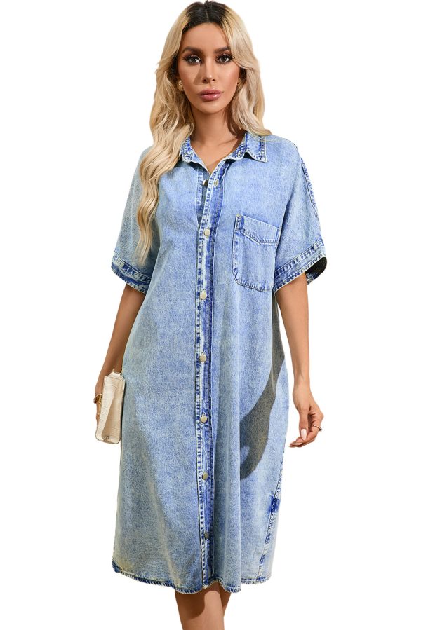 Denim Shirt Dress with Button Pockets - Image 22