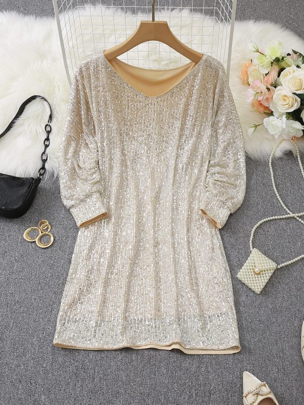 Sparkling V Neck Sequin Long Sleeve Party Mini Dress - Image 9