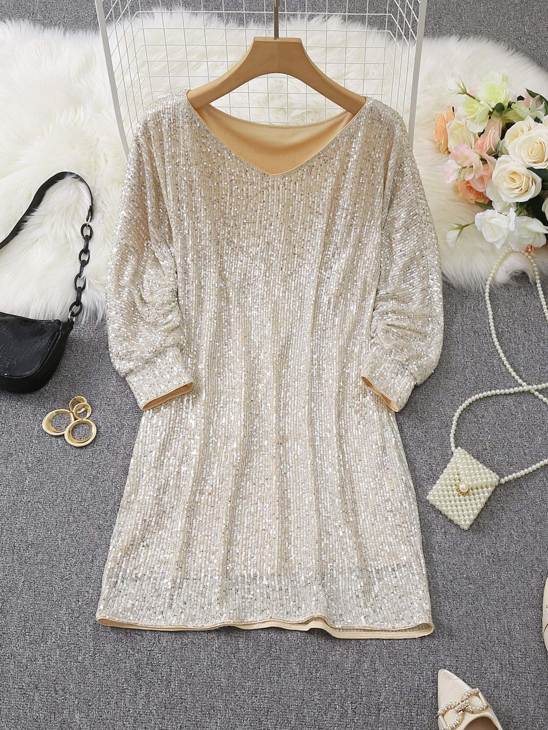 Sparkling V Neck Sequin Long Sleeve Party Mini Dress - Image 9