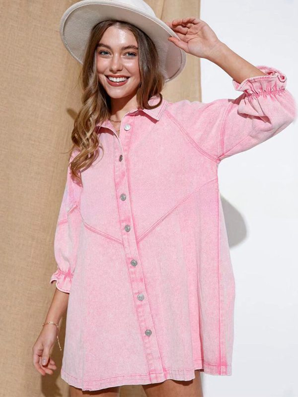 Stylish Retr Denim Lantern Sleeve Mini Dress - Image 2