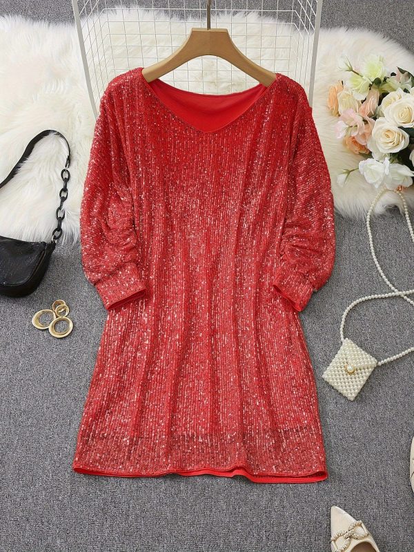Sparkling V Neck Sequin Long Sleeve Party Mini Dress - Image 11