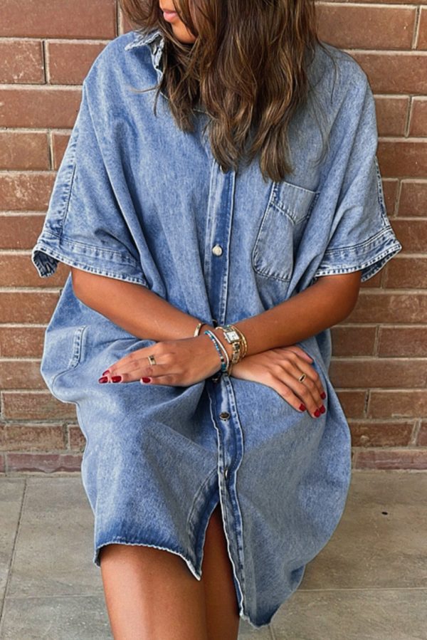 Denim Shirt Dress with Button Pockets - Image 8