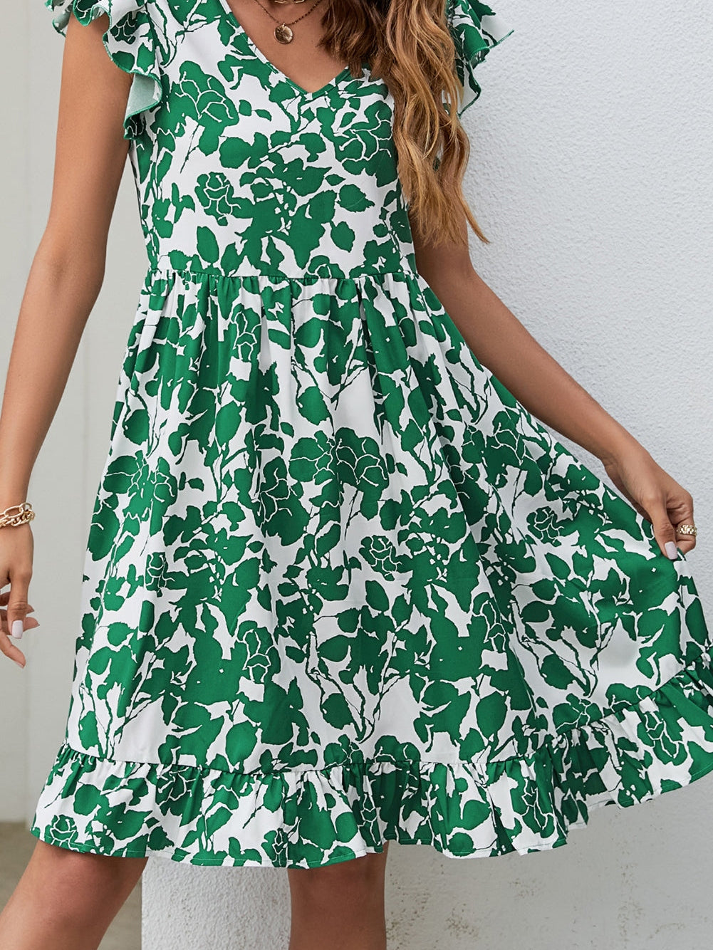 Bohemian Leaf Print Fashion Loose V-Neck Pleated Mini Dress - Image 8