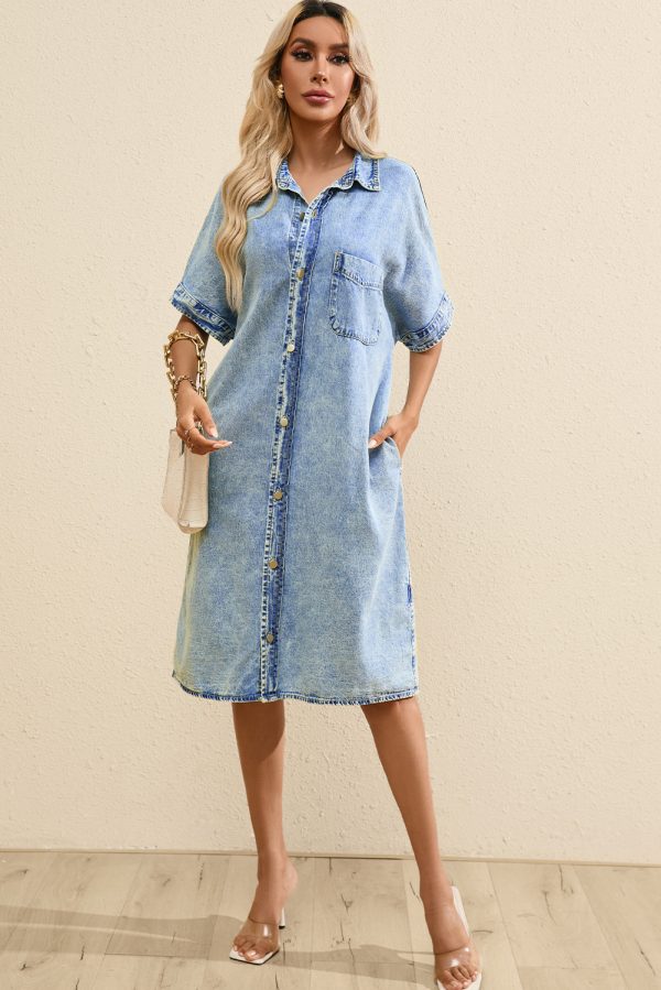 Denim Shirt Dress with Button Pockets - Image 14