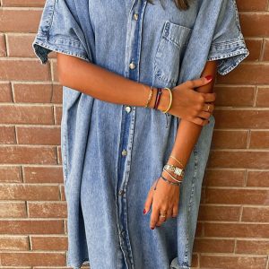 Denim Shirt Dress with Button Pockets