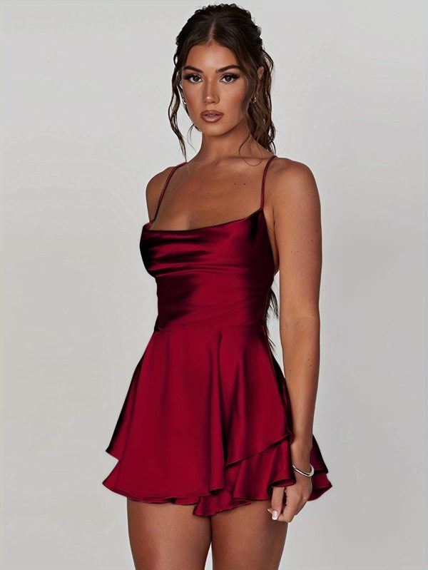Stylish Backless Tiered Cowl Neck A-line Mini Dress - Image 18