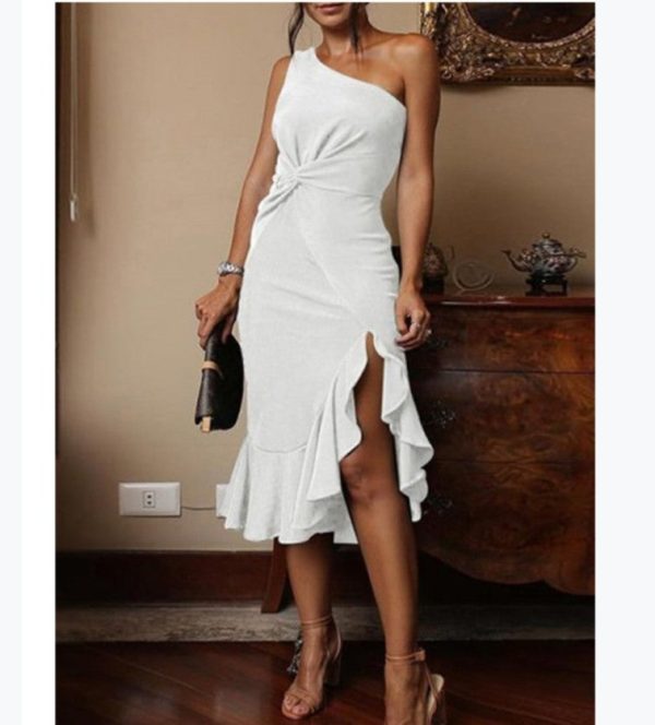 One-Shoulder Open Back Hem Slit Ruffled Midi Dress - Image 4