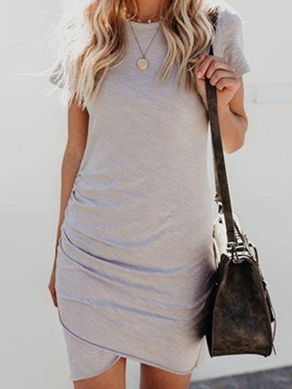 Casual Beach Crew Neck Short Sleeve Wrap Party Ruched Bodycon Mini Dress - Image 5