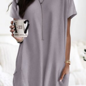 V-neck Short Sleeve Solid Color Loose Dress