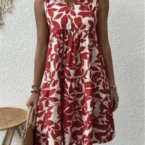 Bohemian Leaf Print Fashion Loose V-Neck Pleated Mini Dress