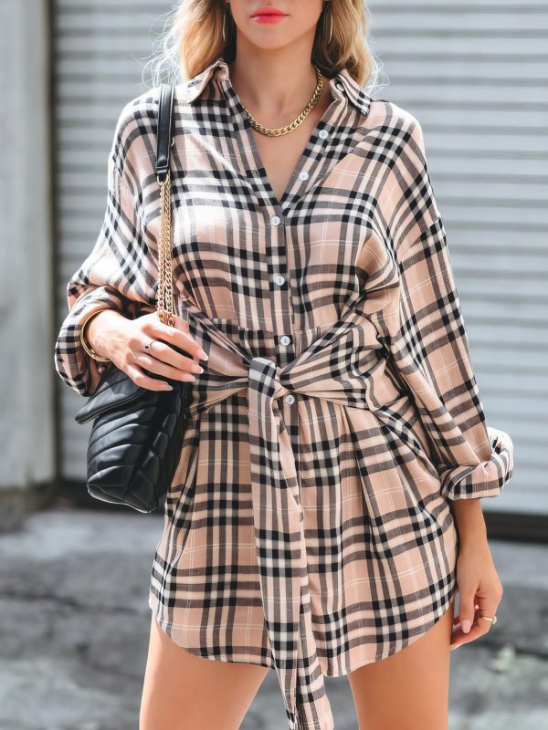 Check Print Buttons Lace-Up Shirt Dress - Image 4