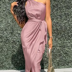 Elegant Slanted Shoulder Sleeveless Long Dress