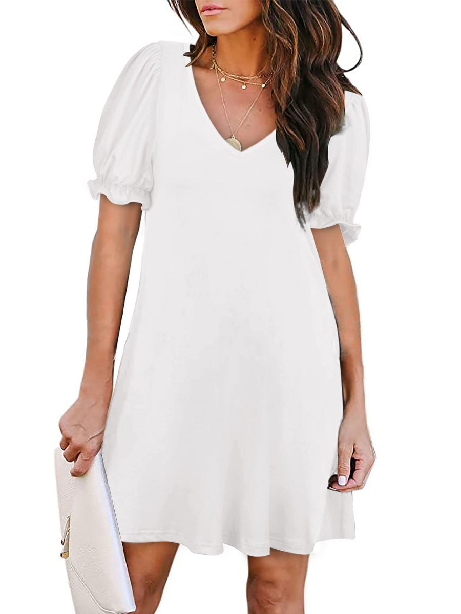 Round Neck Flounce Sleeve Pockets Mini Dress - Image 6